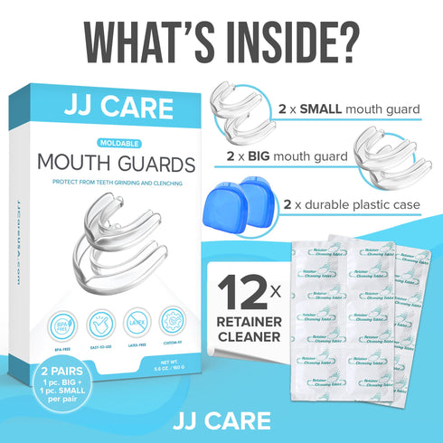 JJ CARE Mouth Guard (2 Pairs), Best Value Comes Retainer Cleaner Tablets, Custom Moldable Night Guards for Teeth Grinding at Night, Dental Mouth Guard for Sleeping